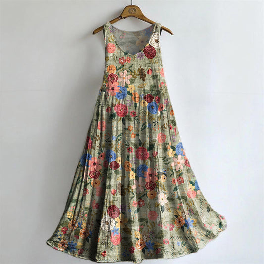 Vintage Floral-embellished Patterned Art Print Round Neck Sleeveless C