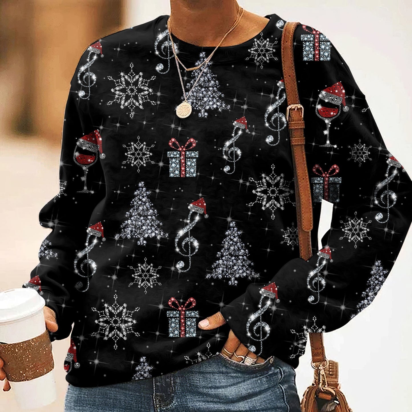 Comstylish Women's Glittery Christmas Tree Christmas Gift Print Casual Sweatshirt