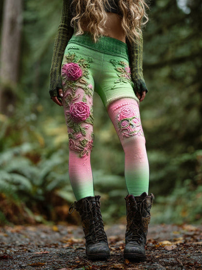 Women's Vintage Skull And Rose Patchwork Comfortable Leggings artswardrobe