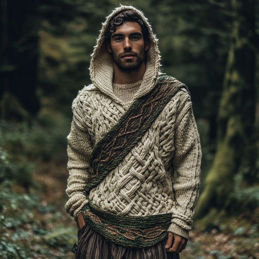 Men's Irish Celtic Knotted Chunky Irregular Cable Knit Hooded Sweater artswardrobe