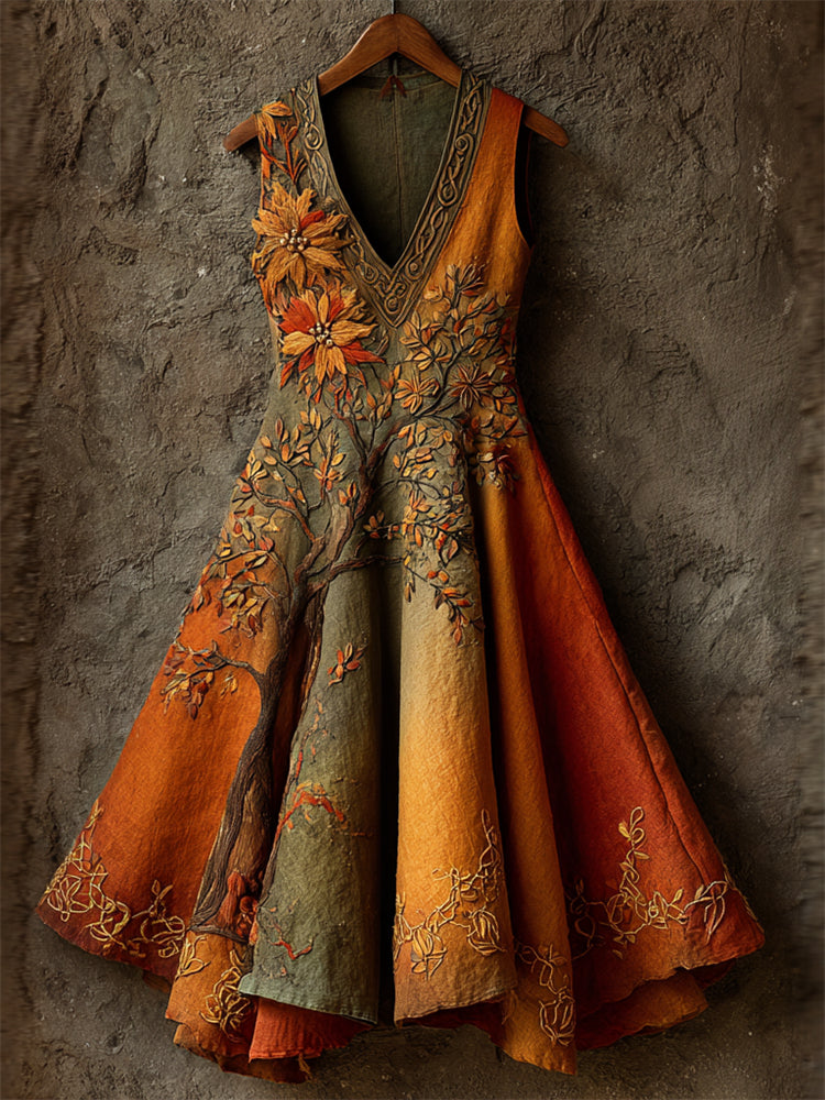 Vintage Fall Floral Tree Of Life Celtic Embroidered Dyed Linen Dress artswardrobe
