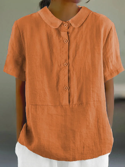 LM | Santorini - Women's plain-colored casual shirt with a round neckline and buttons.