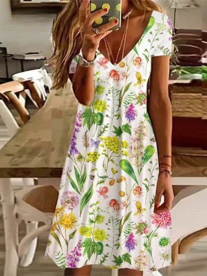 LM | Women's Sundress Midi Dress Short Sleeve Floral Print Summer Casual V Neck Loose Dresses Plus Size 2024 Women's Clothing Vestidos