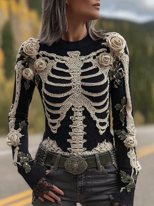 Classy Skeleton Roses Embroidered Cozy Turtleneck Sweater artswardrobe
