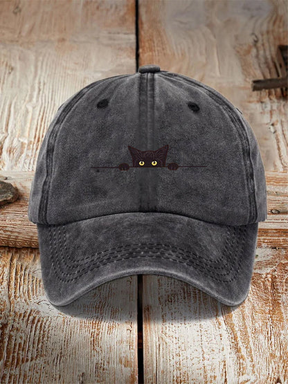 Comstylish Japanese Art Black Cat Print Washed Hat