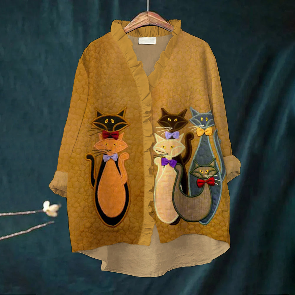 Elegant Cat Embroidery Women's Ruffle Neck Trim Linen Shirt elevenforest