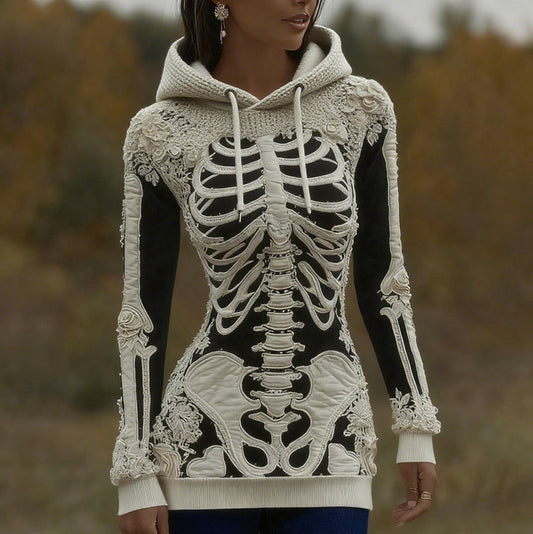 Women's Halloween Skeleton Bones With Roses Art Knitted Warm Hooded Sweater artswardrobe