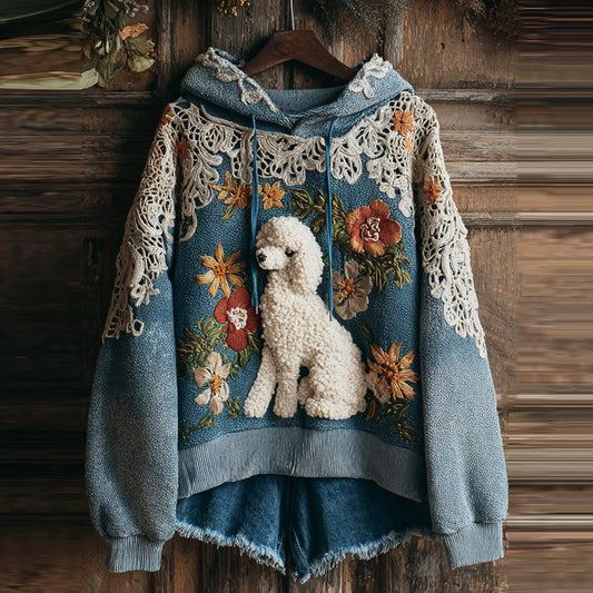 Lace Floral Art Dog Print Casual Hoodie artswardrobe