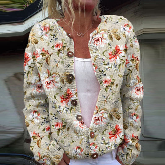 Vintage Tribal Floral Art Print Knit Button Sweater artswardrobe