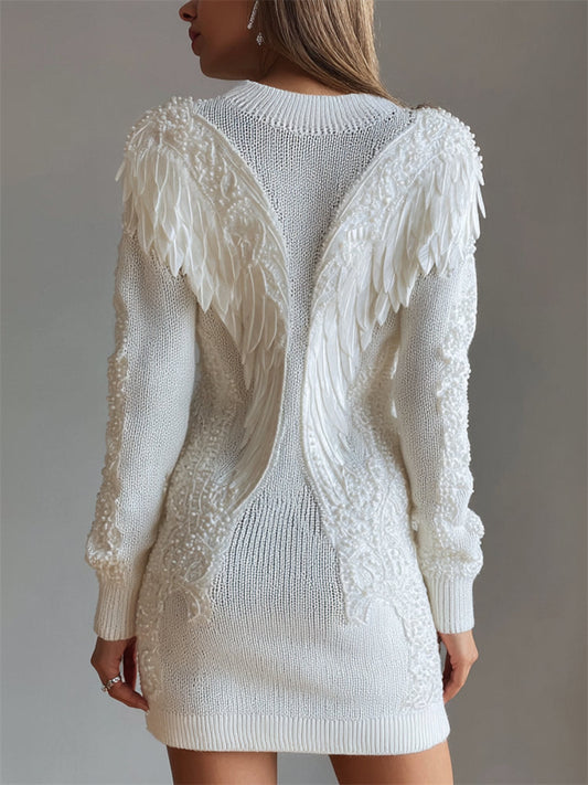 Christian Classy Angel Wings Pearls Beaded Cozy Knit Sweater Dress artswardrobe
