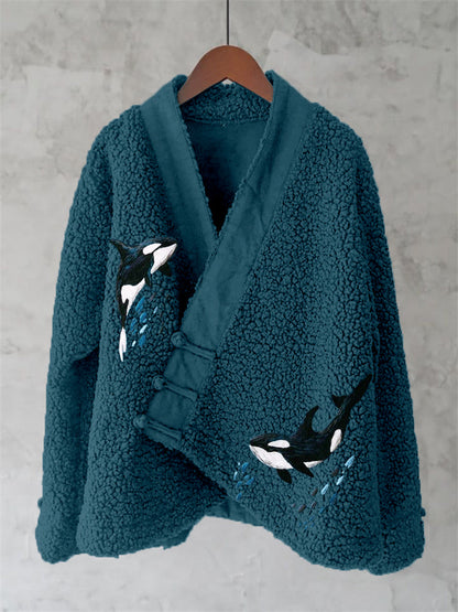 Comstylish Ocean Whales Embroidery Art Fleece Kimono Cardigan