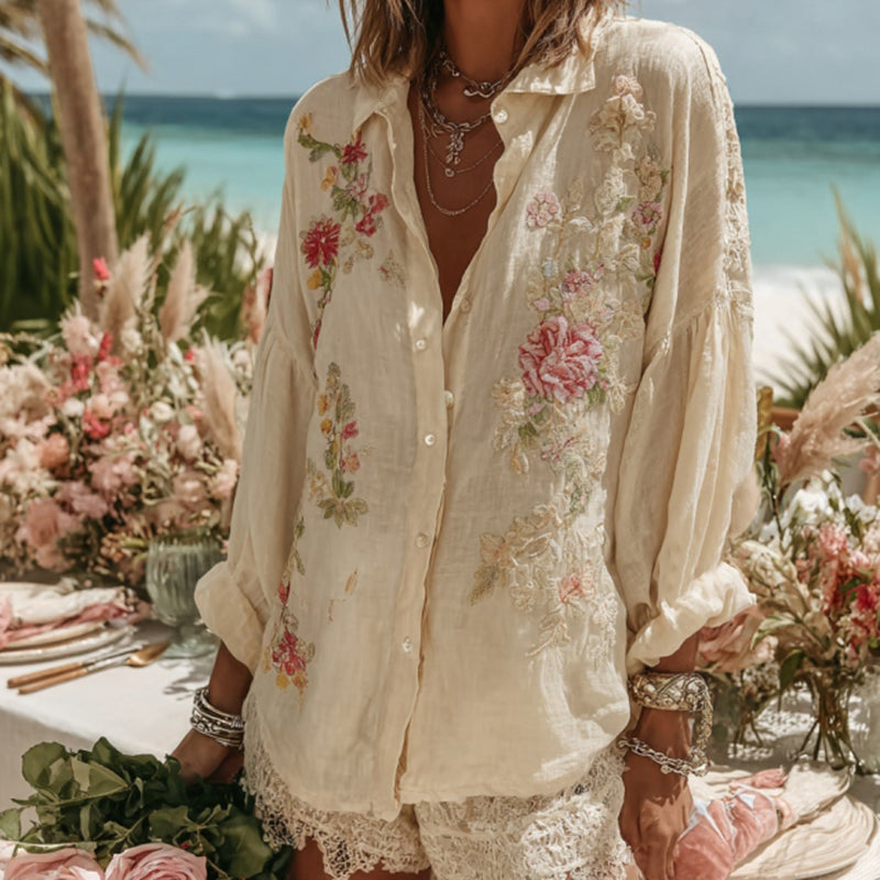 Vintage Floral Pattern Art Linen Comfy Button Shirt artswardrobe