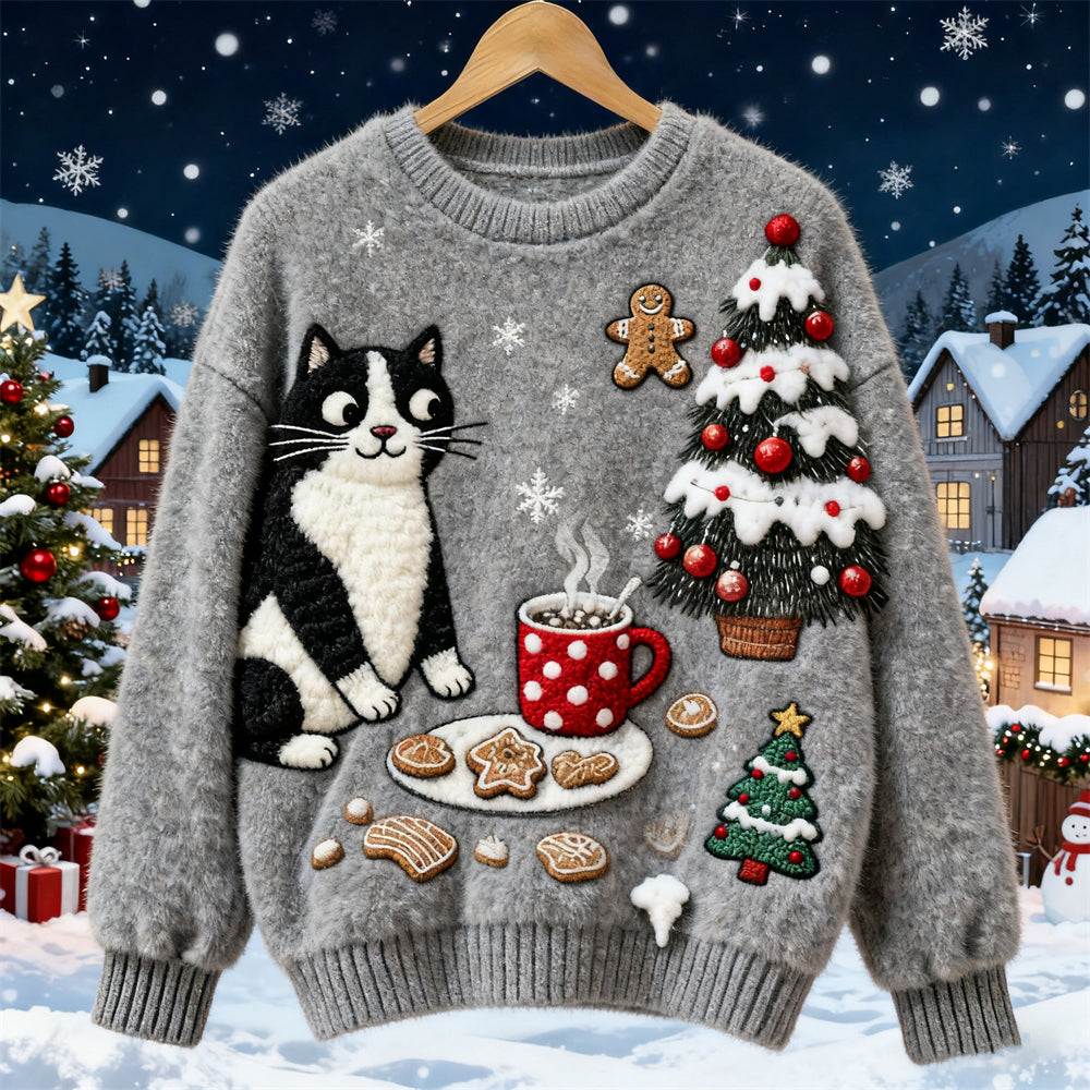 Christmas Cute Felt Cat Art Women's Knit Sweater