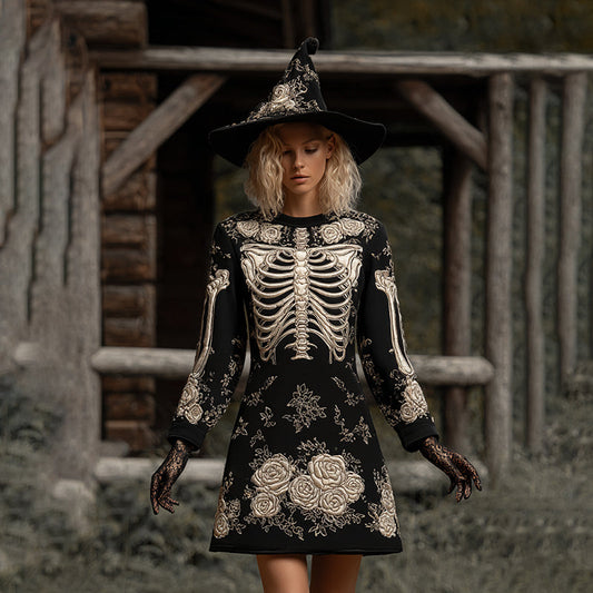 Vintage Skull Rose Comfortable Witch Sweater Dress artswardrobe