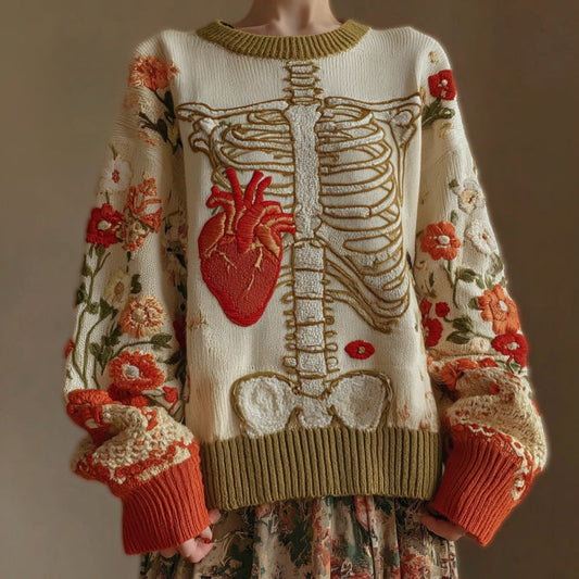 Vintage Halloween Anatomy And Red Heart Art Chunky Knitted Sweater artswardrobe