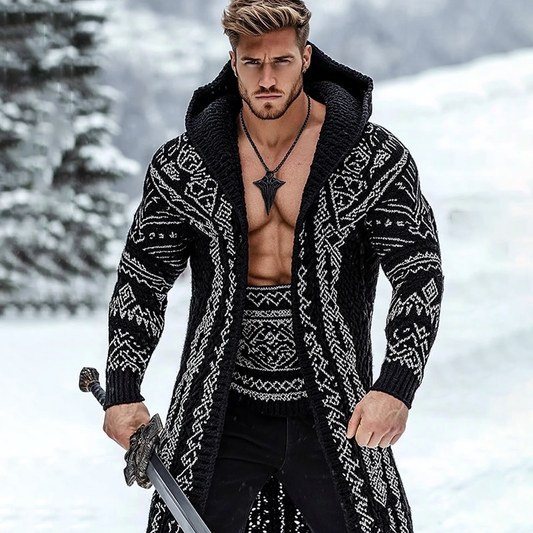 Men's Viking Geometry Tribal Pattern Jacquard Cozy Cardigan Sweater artswardrobe