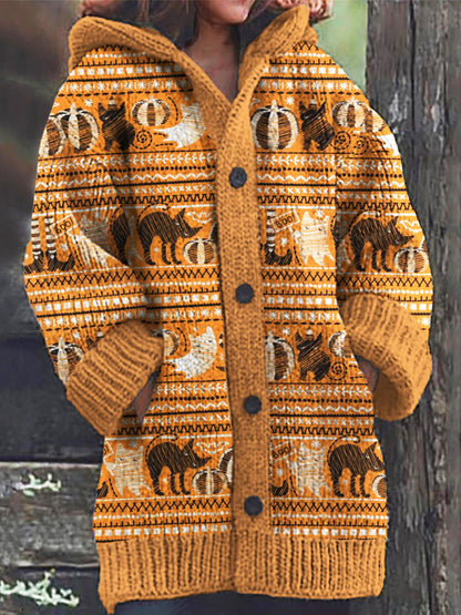 Black Cat Ghost And Black And White Pumpkin Halloween Pattern Women's Hooded Cardigan elevenforest