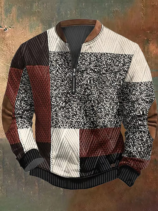 Men's Retro Western Textured Print Zip Collar Sweatshirt artswardrobe