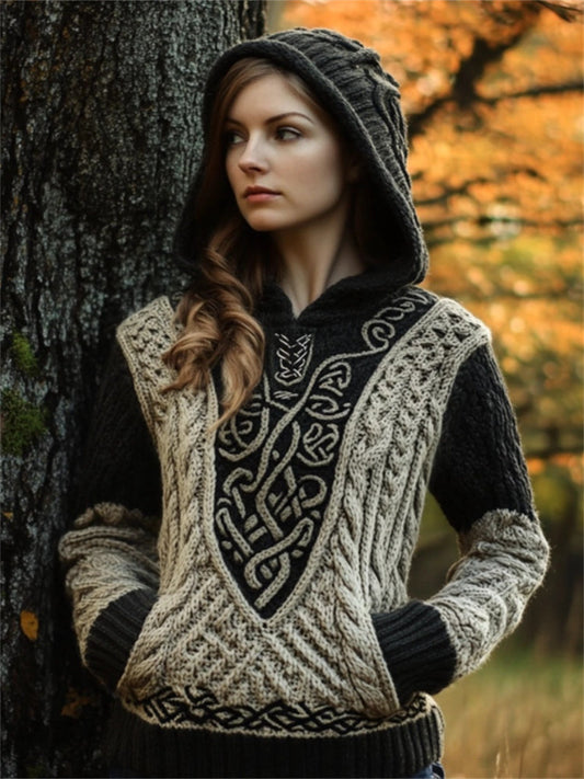 Vintage Celtic Contrast Color Cozy Hooded Sweater artswardrobe