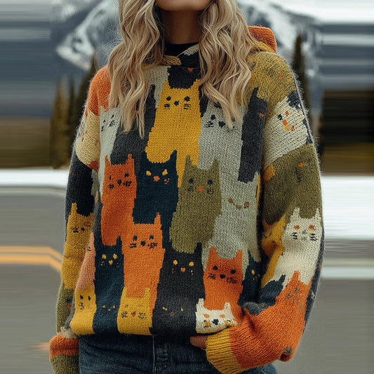Cute Colorful Cats Pattern Art Cozy Knit Hooded Sweater artswardrobe