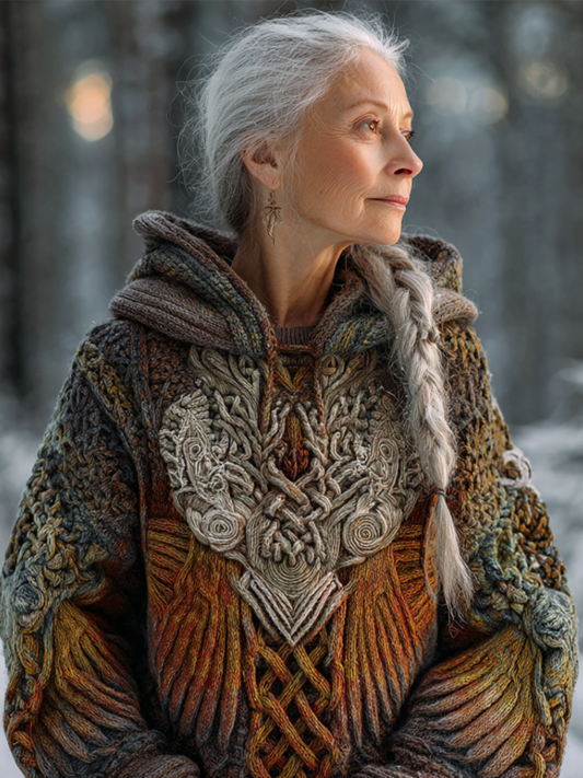 Women's Hooded Thick Sweater With Viking Style Tribal Totem artswardrobe