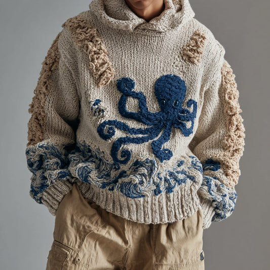 Men's Japanese Octopus Art Knit Hooded Sweater artswardrobe