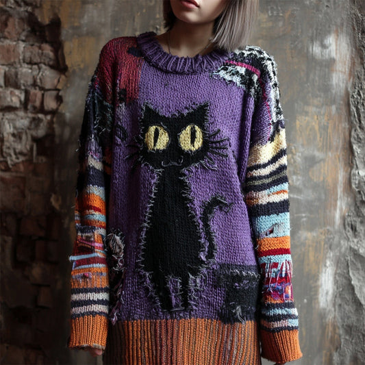 Halloween Black Cat Embroidered Patchwork Long Knitted Sweater artswardrobe