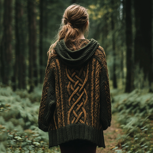 Women's Vintage Irish Celtic Knot Jacquard Mottled Cozy Knit Hooded Cardigan artswardrobe
