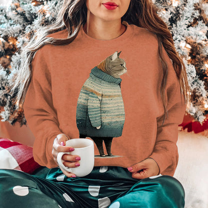 Comstylish Vintage Cat Print Round Neck Long Sleeve Sweatshirt