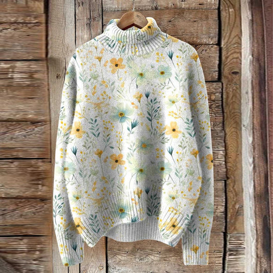 Vintage Meadows Floral Knit Turtleneck Pullover Sweater artswardrobe