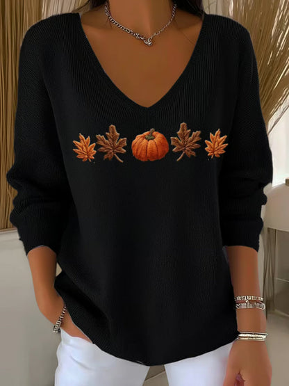 Women's Casual Autumn Maple Leaf Pumpkin Striped Long-sleeved V-neck Top artswardrobe