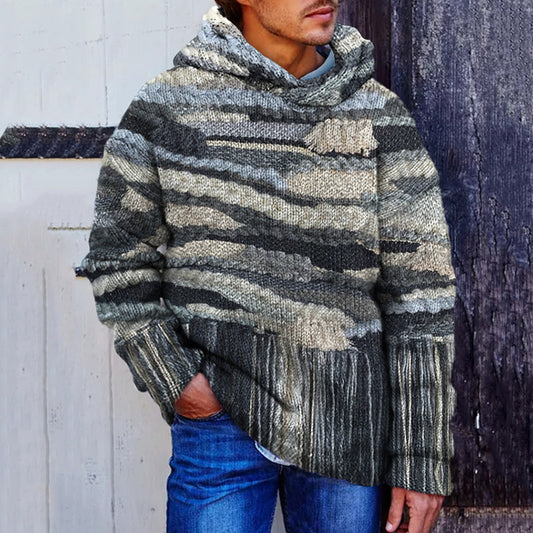 Men'S Vintage Knit Drawstring Tassel Jacquard Hooded Sweater artswardrobe