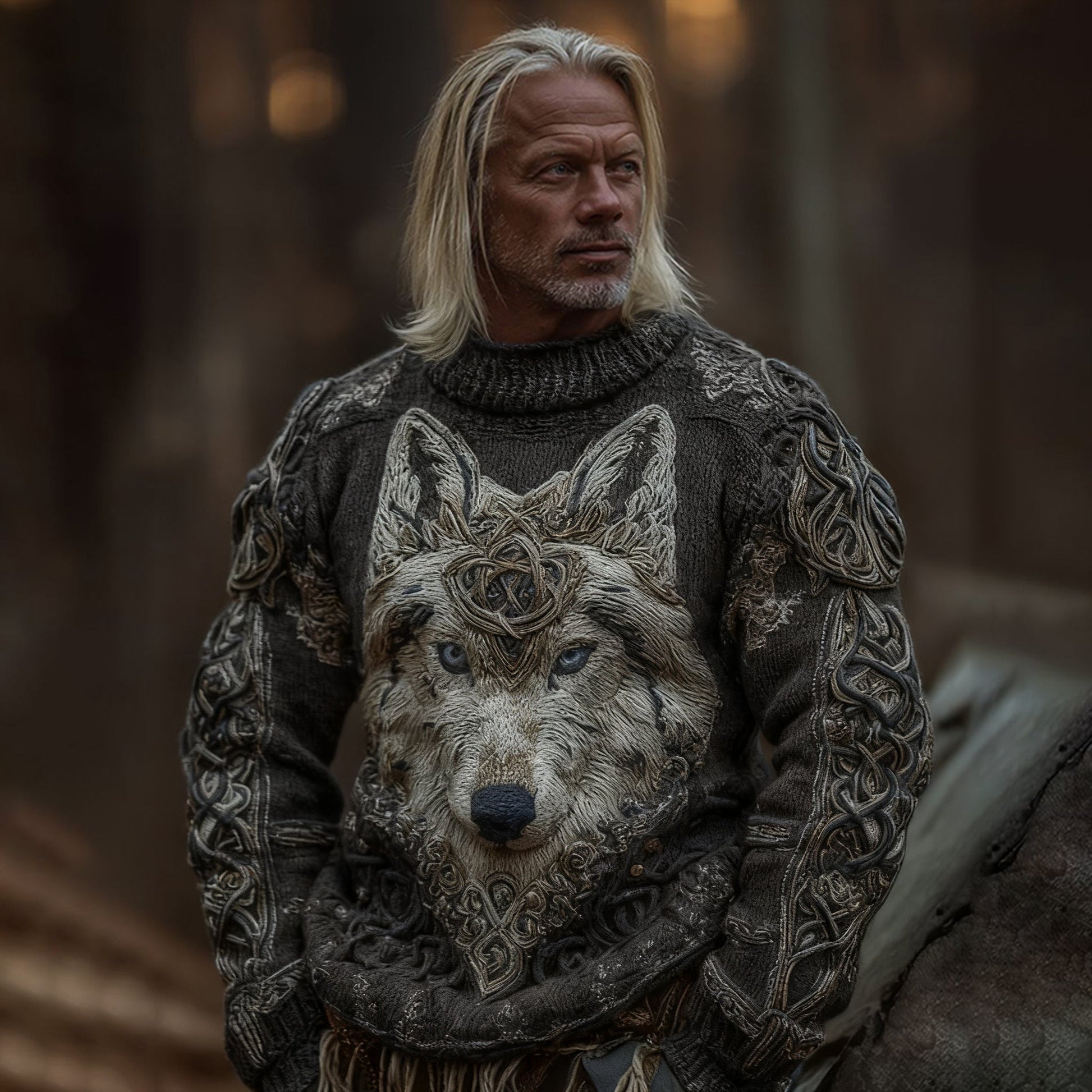 Men's Viking Wolf Knit Pullover Sweater artswardrobe