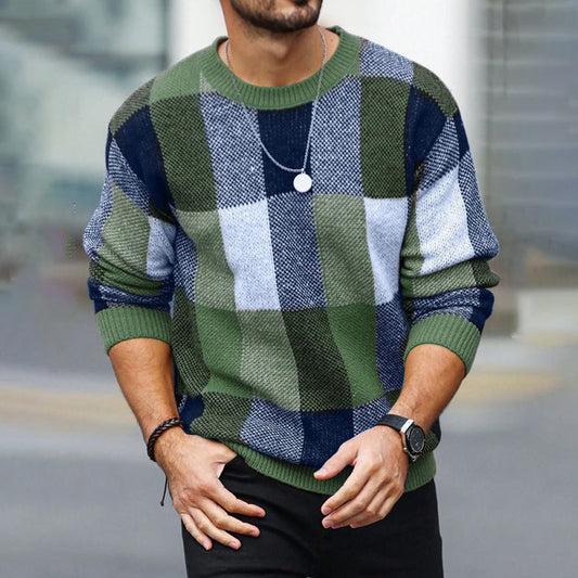 Men'S Vintage Color Block Plaid Jacquard Cozy Sweater artswardrobe