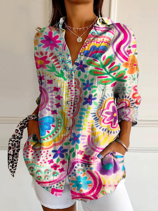 Women's Bohemian Watercolor Floral Art Print Casual Cotton Shirt