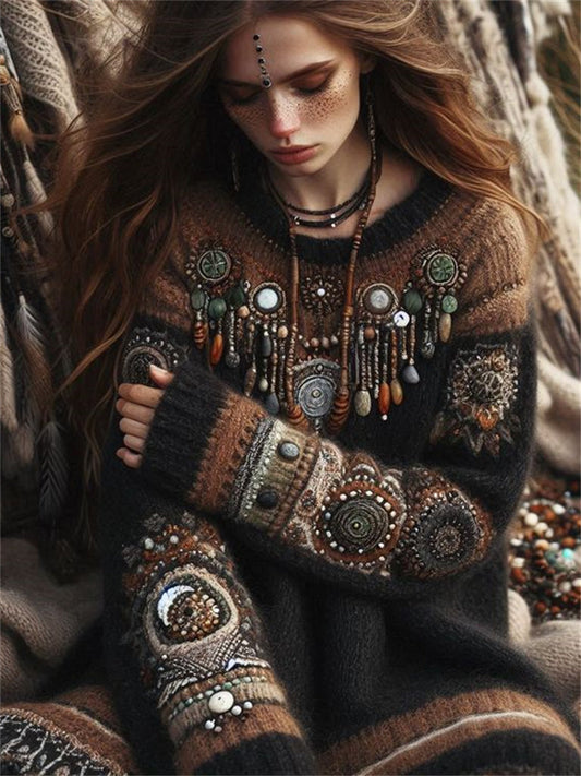 Vintage Western Dream Catcher Beaded Cozy Knit Sweater Dress artswardrobe