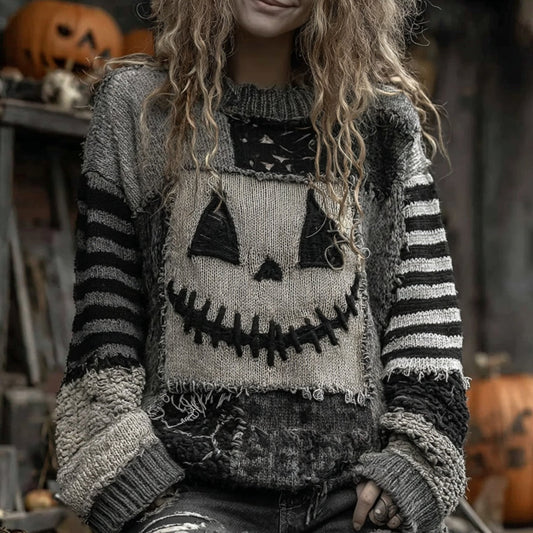 Halloween Face Patchwork Art Cozy Knit Sweater artswardrobe