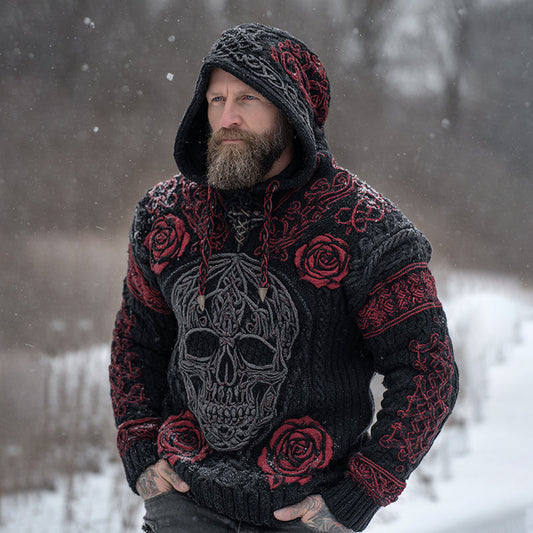 Men's Viking Tribal Jacquard Celtic With Rose And Skull Face Inspired Chunky Knit Hooded Sweater artswardrobe