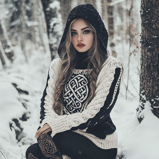 Women's Viking Tribal Jacquard Celtic Chunky Inspired Knit Hooded Sweater artswardrobe