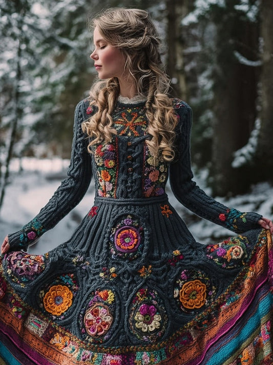 Mexican Flowers Embroidered Comfy Flowy Sweater Dress artswardrobe