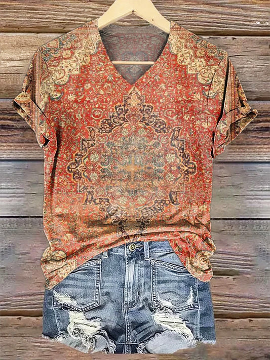 Women's Retro Ethnic Totem Print V-neck Casual T-Shirt