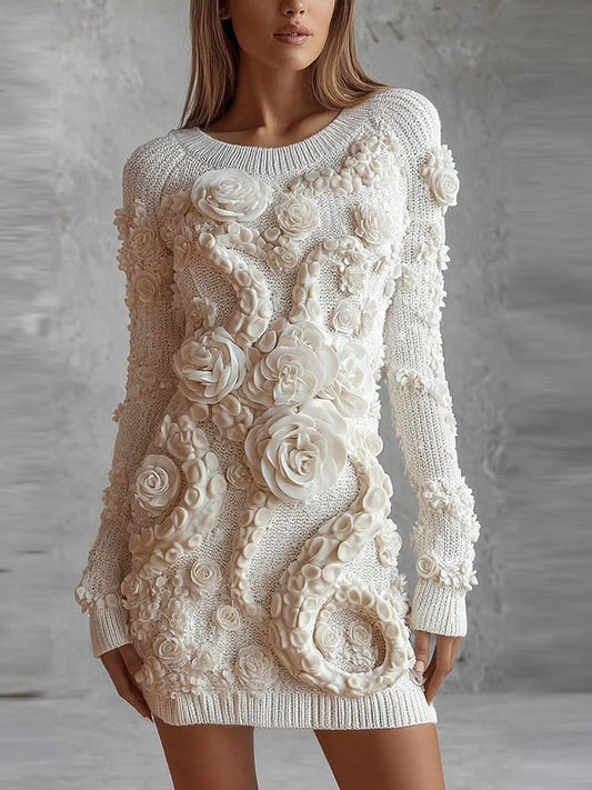 Vintage White Roses Tentacles Cozy Knit Sweater Dress artswardrobe