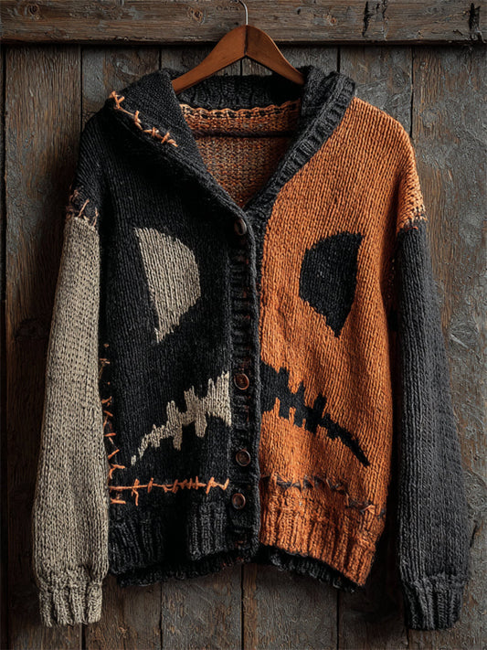 Halloween Spooky Face Contrast Stitched Cozy Knit Hooded Cardigan artswardrobe