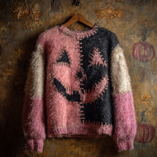 Women's Vintage Halloween Pink Ghost Face Knit Sweater artswardrobe