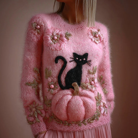 Vintage Black Cat Pumpkin Embroidered Cozy Knit Sweater artswardrobe