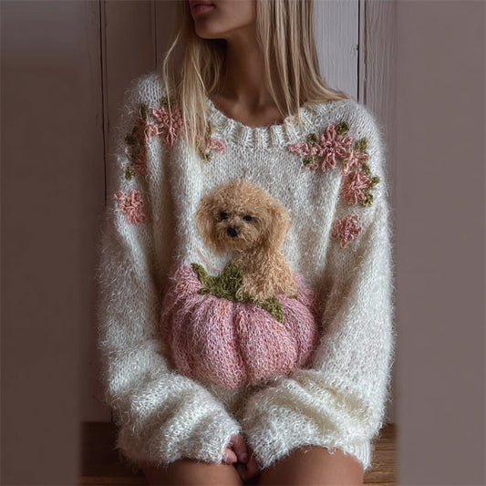 Fuzzy Dog & Pink Pumpkin Floral Cozy Knit Sweater artswardrobe