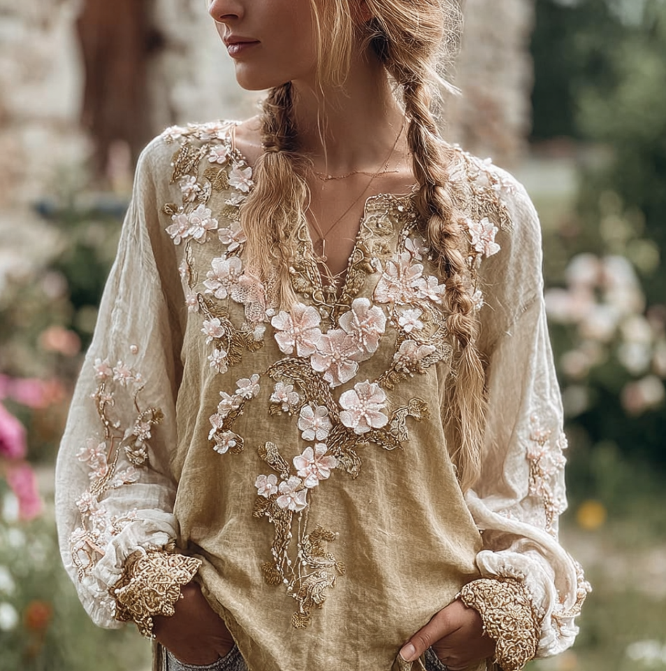 Comstylish Bohemian Style Three-dimensional Flower Pattern Women's V-neck Long-sleeve Cotton And Linen Shirt