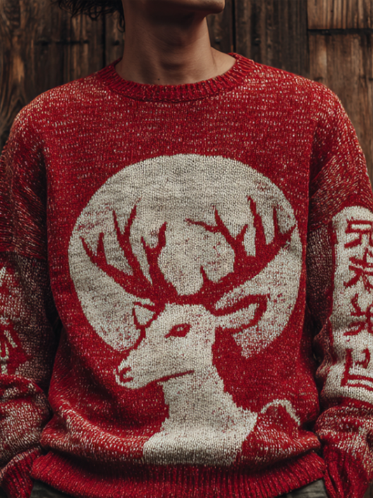 Men's Japanese Art Retro Style Christmas Fun Reindeer Design Round Neck Knit Sweater artswardrobe