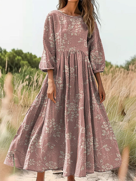 Women's Folk Art Floral Print Flowy Cotton Crew Neck Dress
