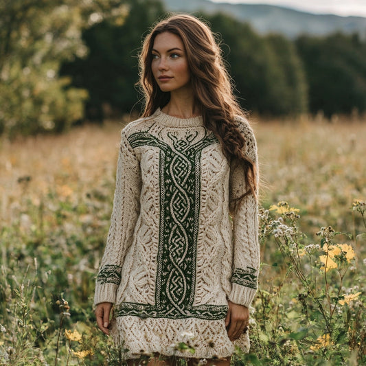 Women's Irish Celtic Knotted Contrast Round Neck Sweater Dress artswardrobe